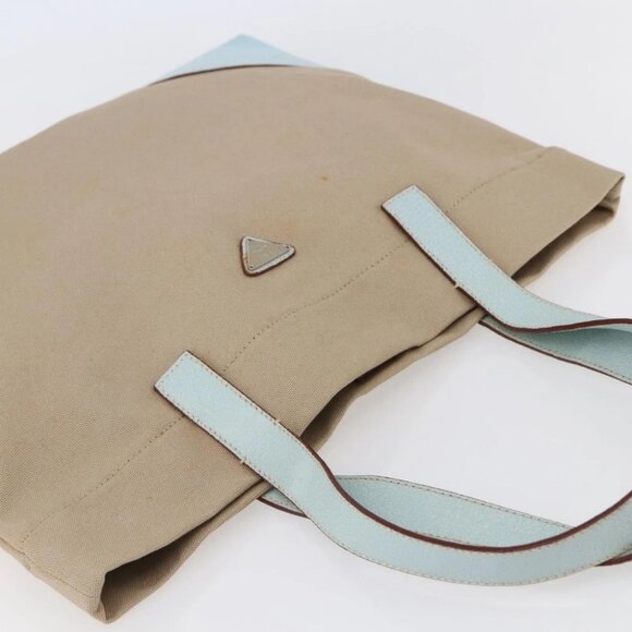 PRADA Tote Bag Canvas Leather Beige Light Blue - Picture 6 of 15